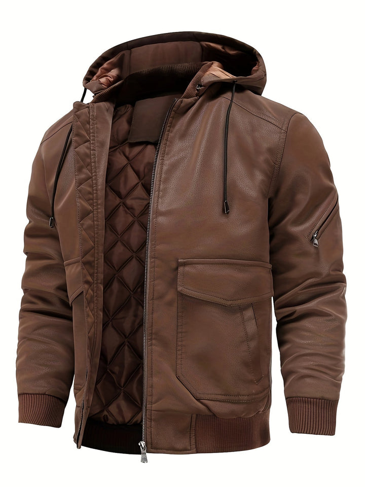 Nathanael - Wasserdichte winddichte PU Leder Winterjacke für Männer mit Kapuze