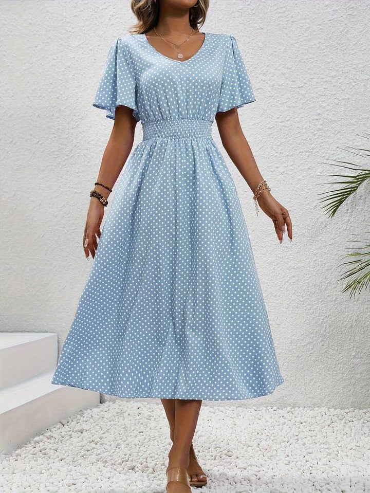 Abito midi da donna con pois e coulisse – Abito estivo arioso con scollo a V e maniche corte