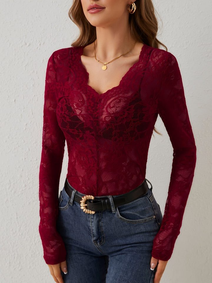 Top a maniche lunghe da donna in pizzo – Elegante top con scollo a V in pizzo trasparente