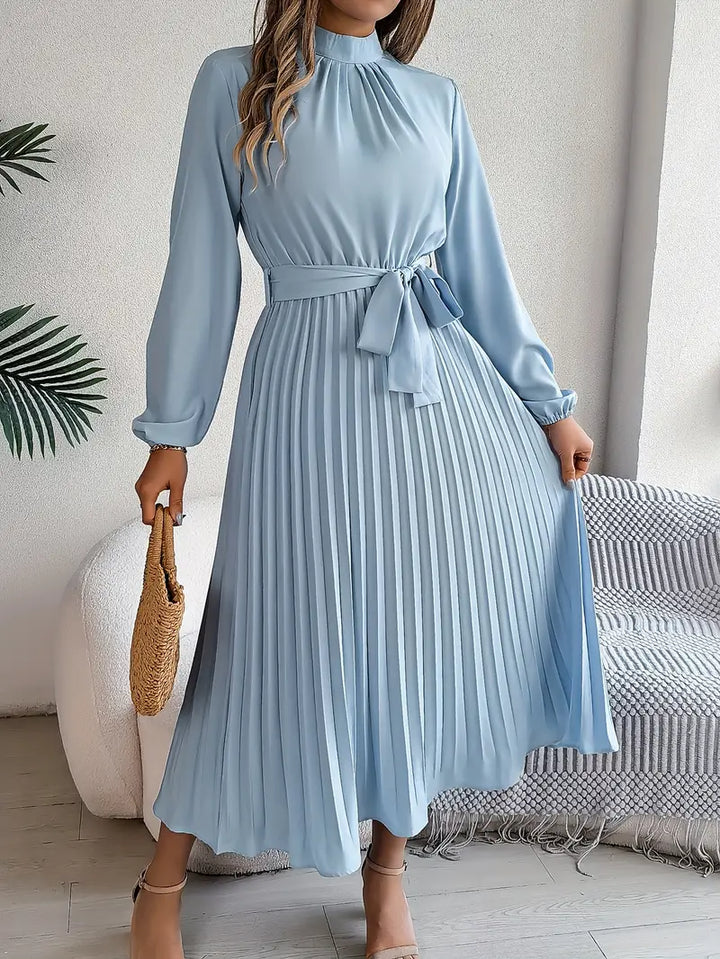 Elegante abito midi plissettato con cintura – abito a maniche lunghe da donna per ufficio e occasioni speciali