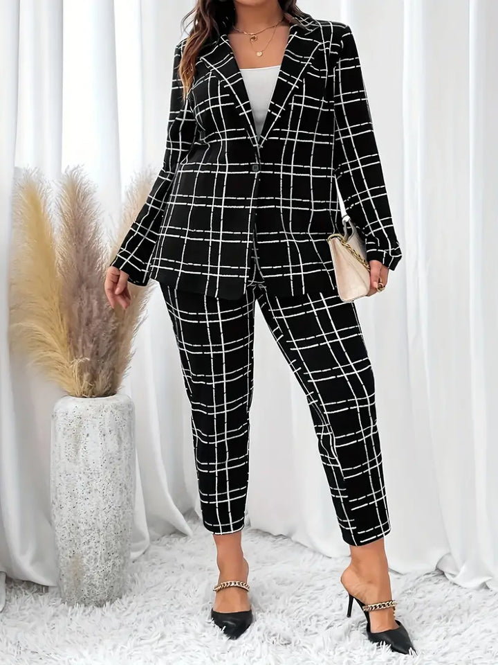 Ensemble blazer à carreaux chic Veste blazer à revers & pantalon fuselé