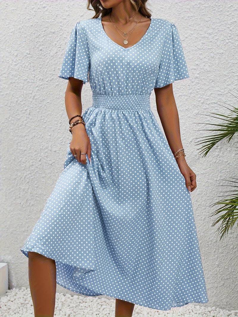 Abito midi da donna con pois e coulisse – Abito estivo arioso con scollo a V e maniche corte