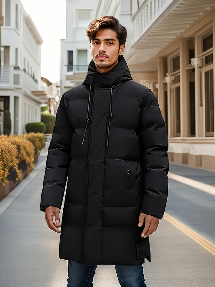 Veste d'hiver matelassée à capuche mi-longue décontractée pour hommes avec patte de fermeture éclair non extensible | Parfaite pour les activités de plein air