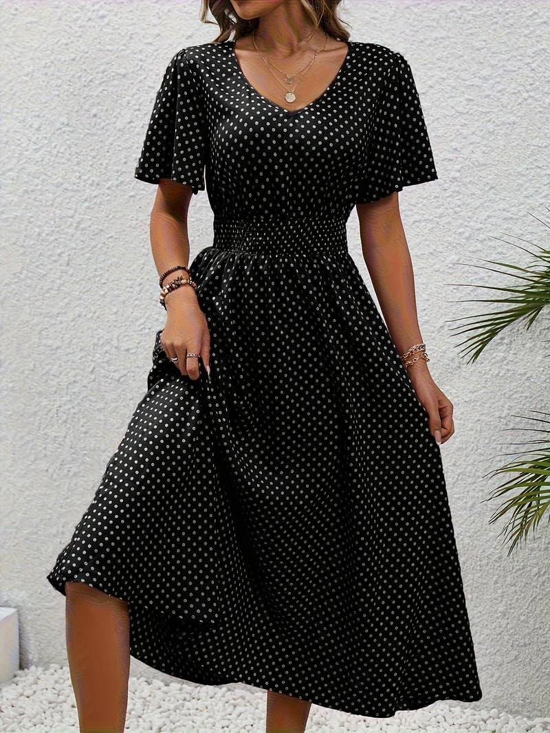 Abito midi da donna con pois e coulisse – Abito estivo arioso con scollo a V e maniche corte