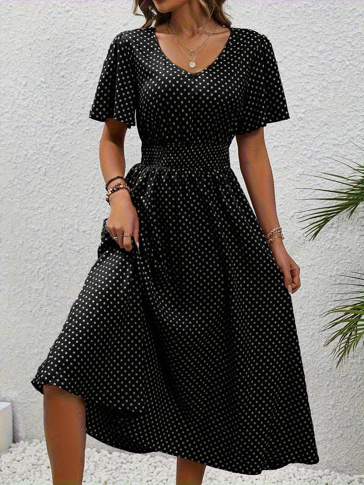 Abito midi da donna con pois e coulisse – Abito estivo arioso con scollo a V e maniche corte