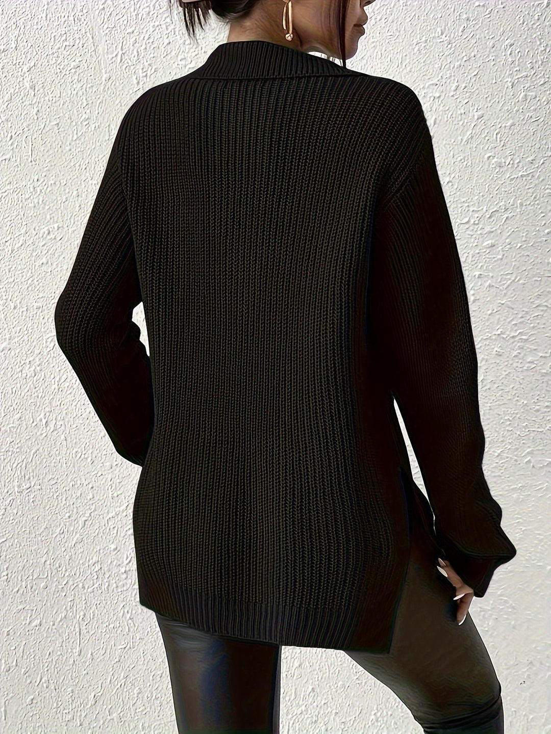 Pull en maille noir pour femme avec fermeture éclair – Pull oversize avec col montant