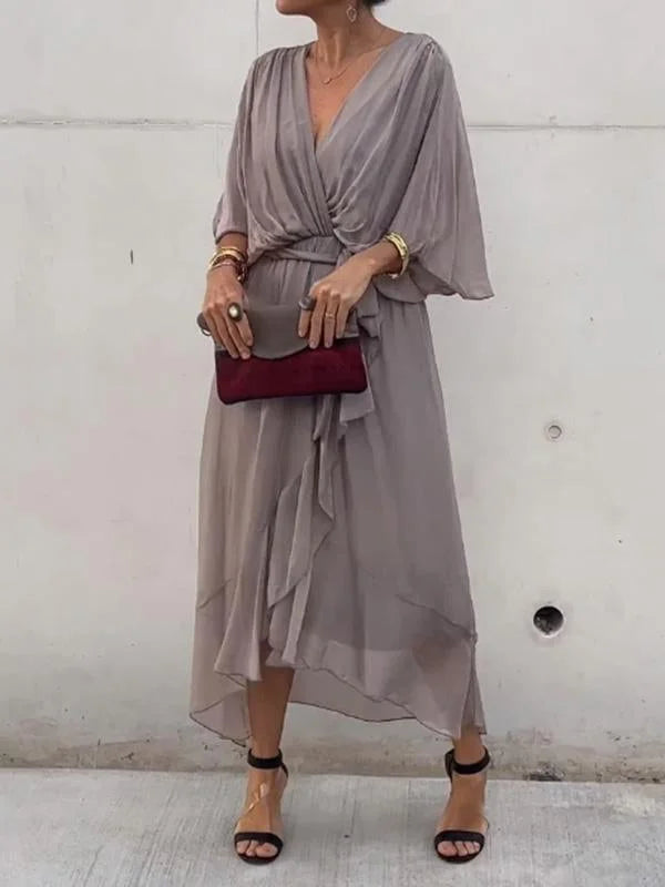 Abito lungo da donna con effetto incrociato – Abito estivo arioso con scollo a V e cintura da annodare – Elegante abito da spiaggia con maniche a pipistrello