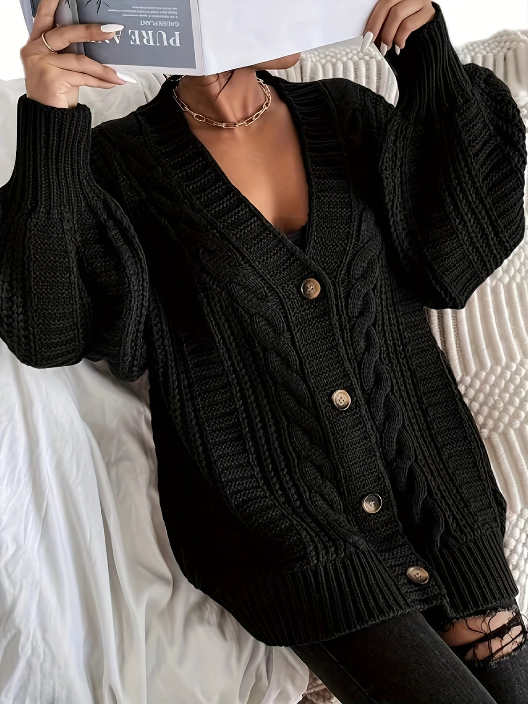 Lässiger stilvoller warmer Kabelstrick-Woll-Cardigan für Damen | Perfekt für lässige Tage