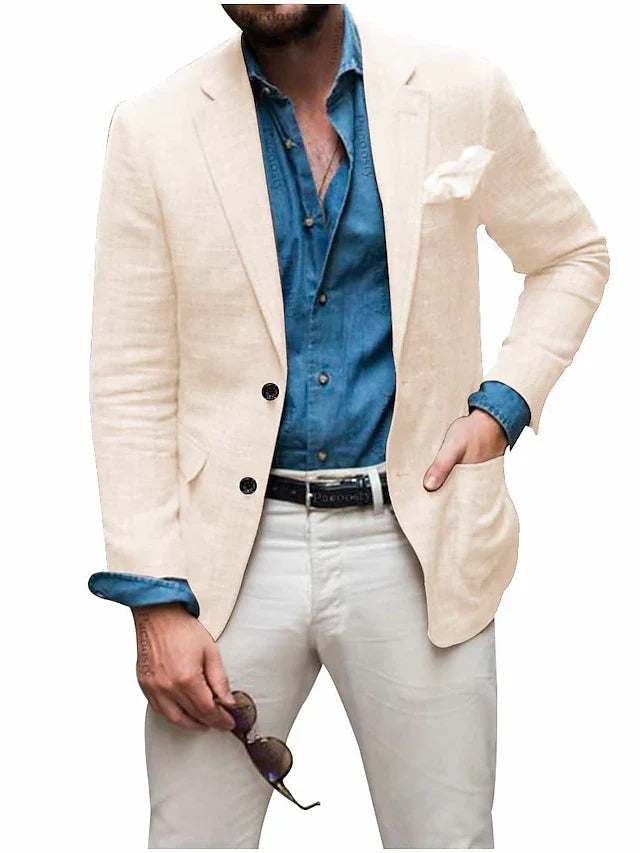 Jon - Blazer en lin pour hommes Plage Mariage Décontracté Coupe ajustée Couleur unie Simple boutonnage Deux boutons