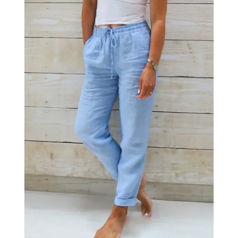 Pantalon en lin pour femmes avec ceinture élastique – Pantalon décontracté aéré avec cordon de serrage pour l'été, les vacances et le quotidien