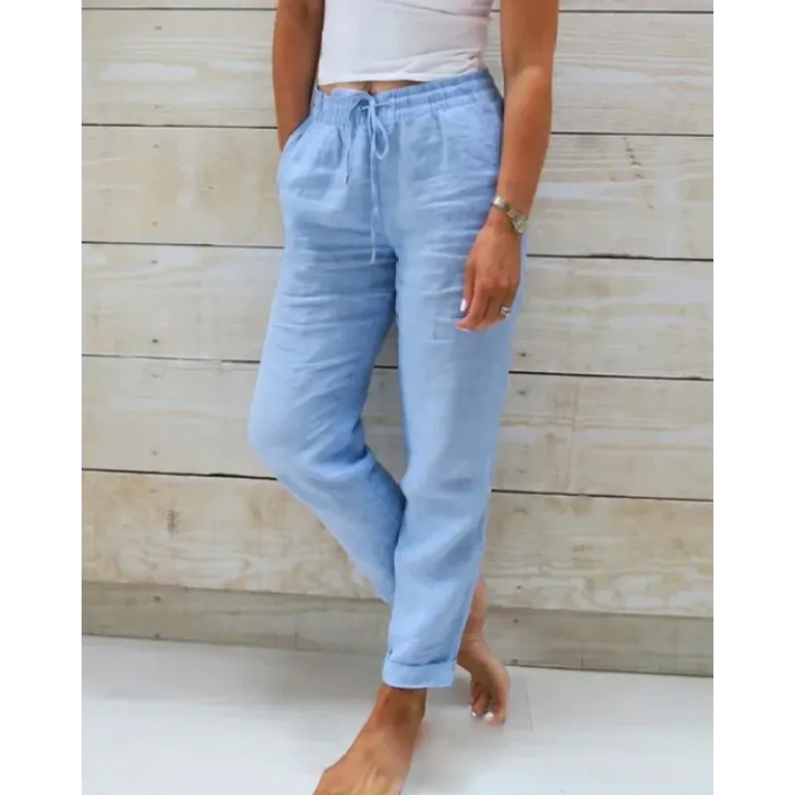 Pantalon en lin pour femmes avec ceinture élastique – Pantalon décontracté aéré avec cordon de serrage pour l'été, les vacances et le quotidien