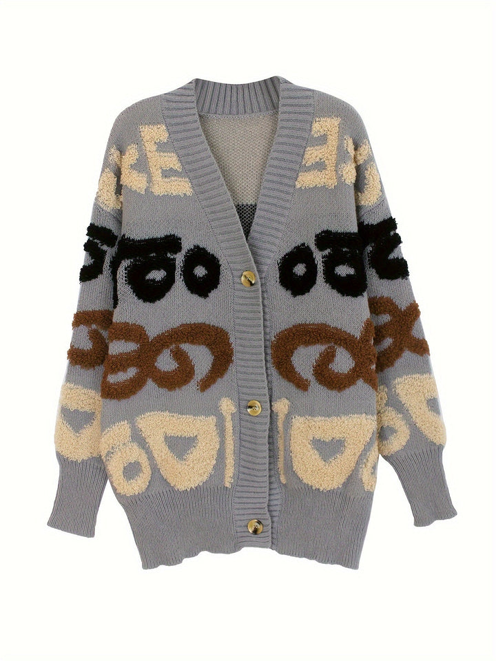 Lässiger Buchstabenmuster Knopf Unten Strickjacke Für Damen | Perfekt für lässige Tage