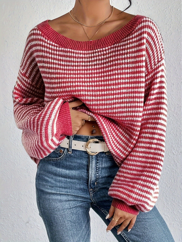 Vintage Schulterfreier Baumwollpullover mit Streifen, elastischem Stoff und Rundhalsausschnitt Pullover Damen | Ideal für Frühling
