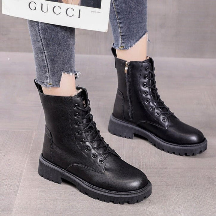 Delphine - Schwarze Leder Winterstiefel