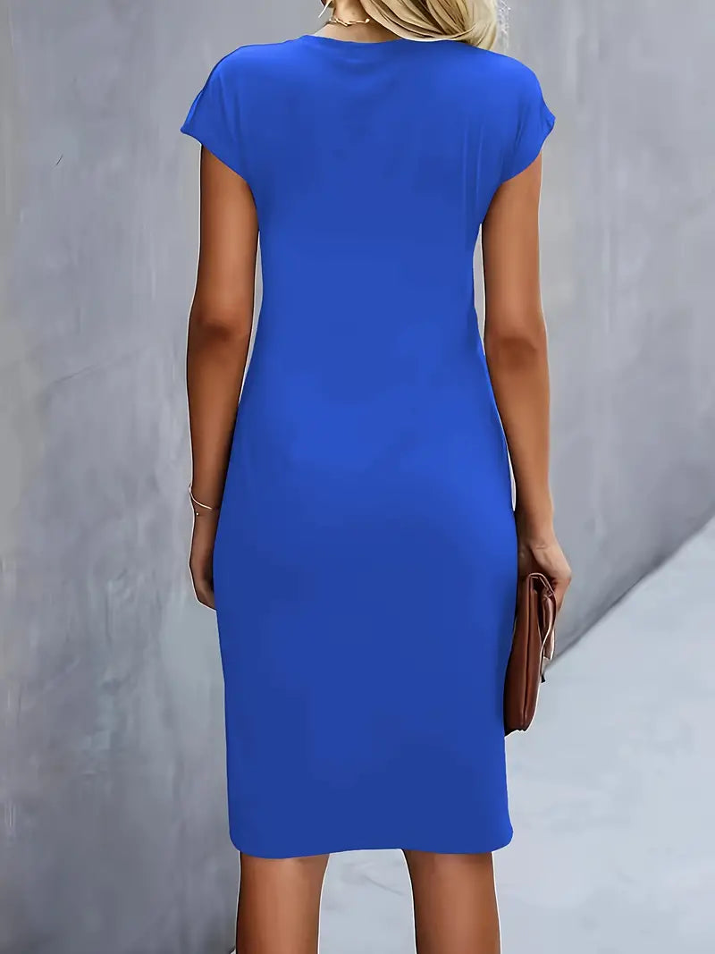 Abito a tubino da donna con pieghe – Abito da lavoro aderente con scollo rotondo per ufficio, eventi e look serali
