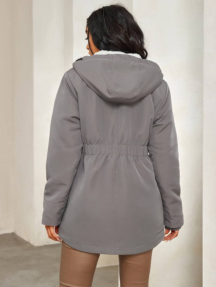 Lässige graue Fleece-Parka-Winterjacke mit Kapuze für Damen | Perfekt für Outdoor-Aktivitäten