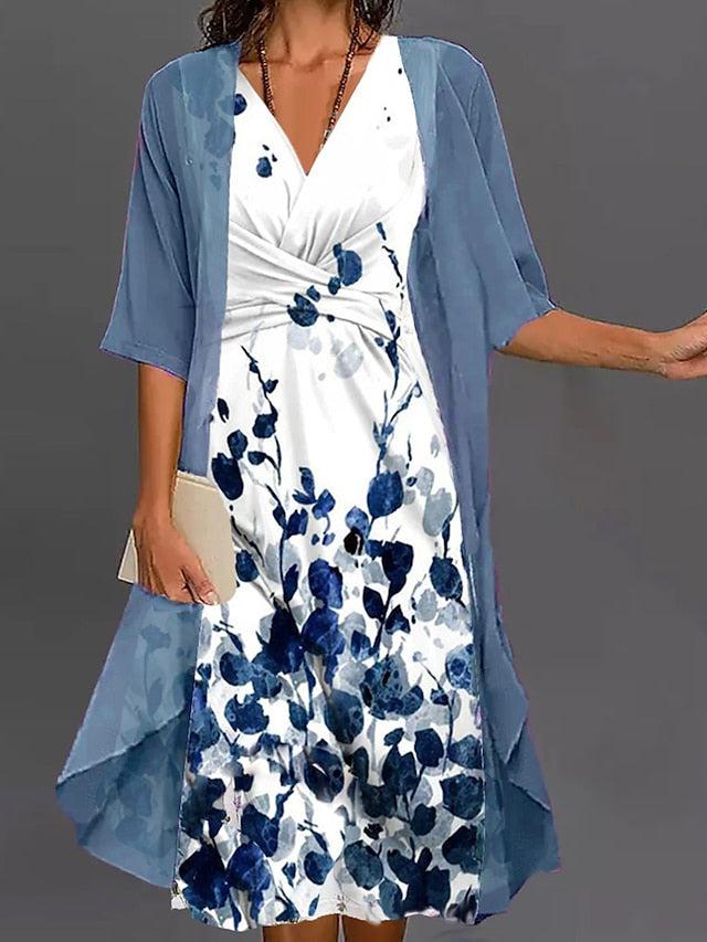 Damenkleid mit floraler Musterung und Chiffon-Cover-Up – Elegantes Sommerkleid mit V-Ausschnitt & Faltenwurf – 2-in-1 Outfit für Festlichkeiten