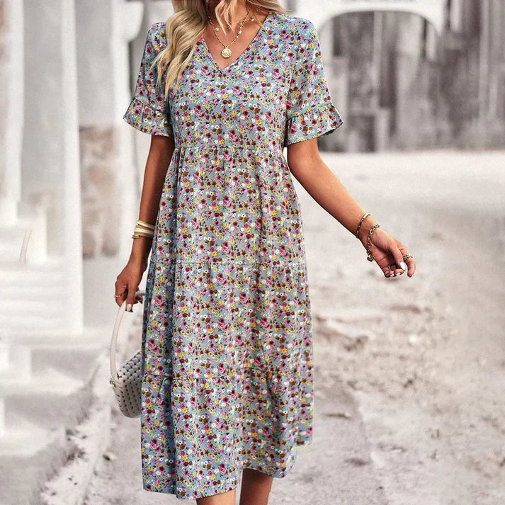 Abito floreale da donna con scollo a V – abito estivo arioso di lunghezza midi con maniche corte