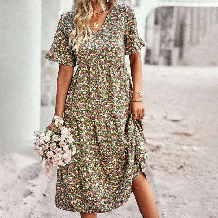 Abito floreale da donna con scollo a V – abito estivo arioso di lunghezza midi con maniche corte