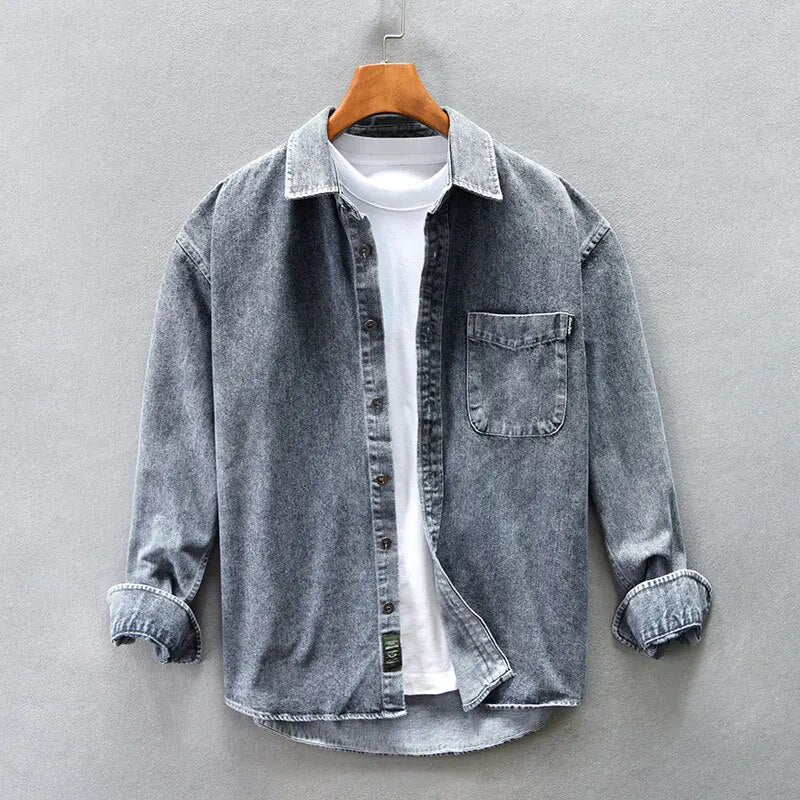 Chemise en jean pour homme style décontracté – Chemise de loisirs à manches longues ample avec poche poitrine