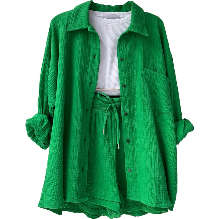 Ensemble lounge deux pièces pour femmes en mousseline – chemise oversize et short avec cordon de serrage