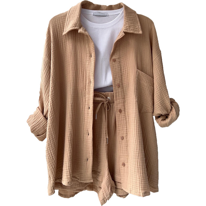 Ensemble lounge deux pièces pour femmes en mousseline – chemise oversize et short avec cordon de serrage