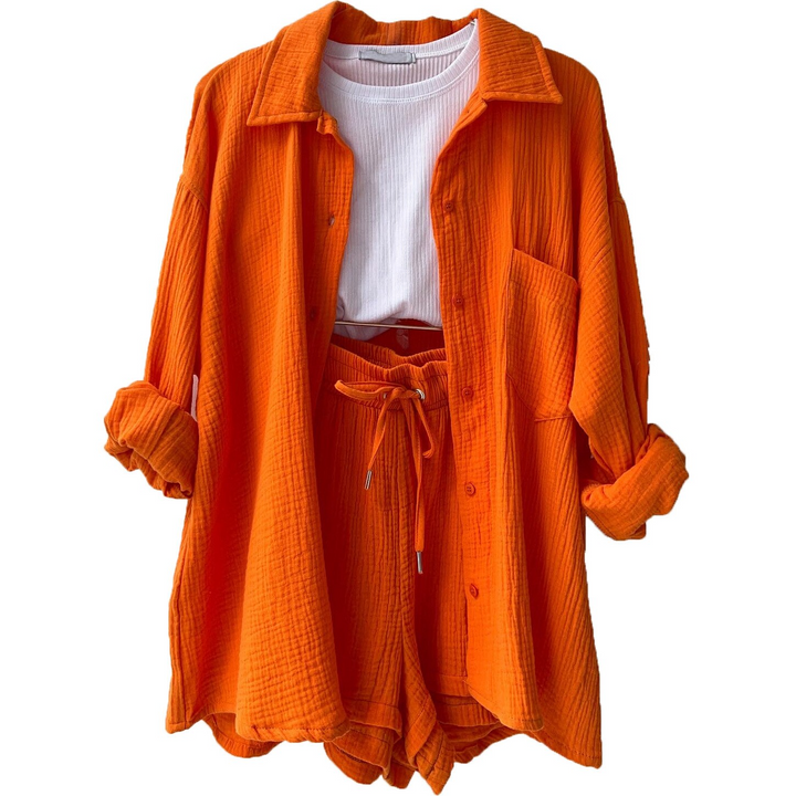 Ensemble lounge deux pièces pour femmes en mousseline – chemise oversize et short avec cordon de serrage