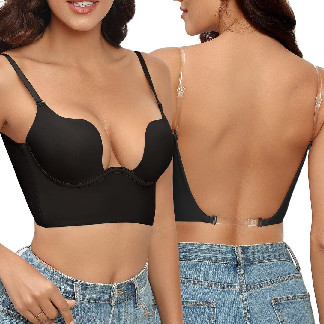 Soutien-gorge push-up dos nu avec bretelles transparentes – Soutien-gorge à armatures décolleté profond pour robes de soirée et tops