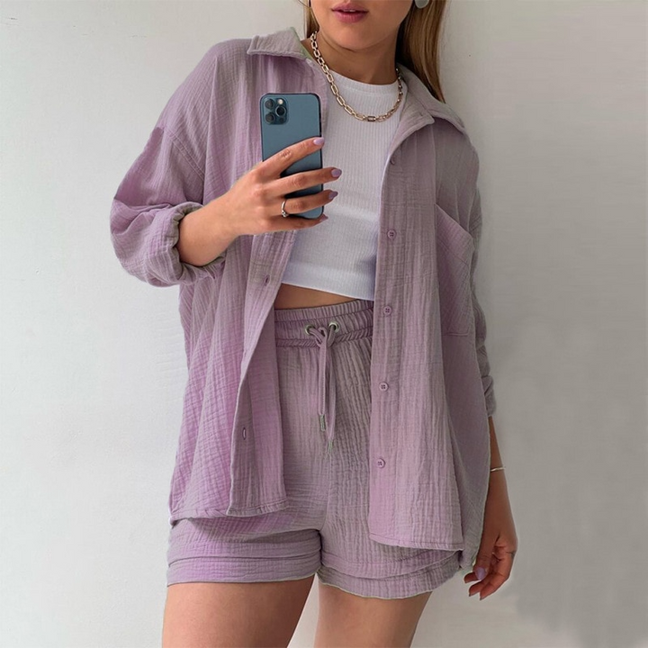 Ensemble lounge deux pièces pour femmes en mousseline – chemise oversize et short avec cordon de serrage