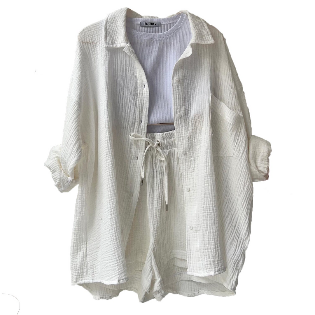 Ensemble lounge deux pièces pour femmes en mousseline – chemise oversize et short avec cordon de serrage