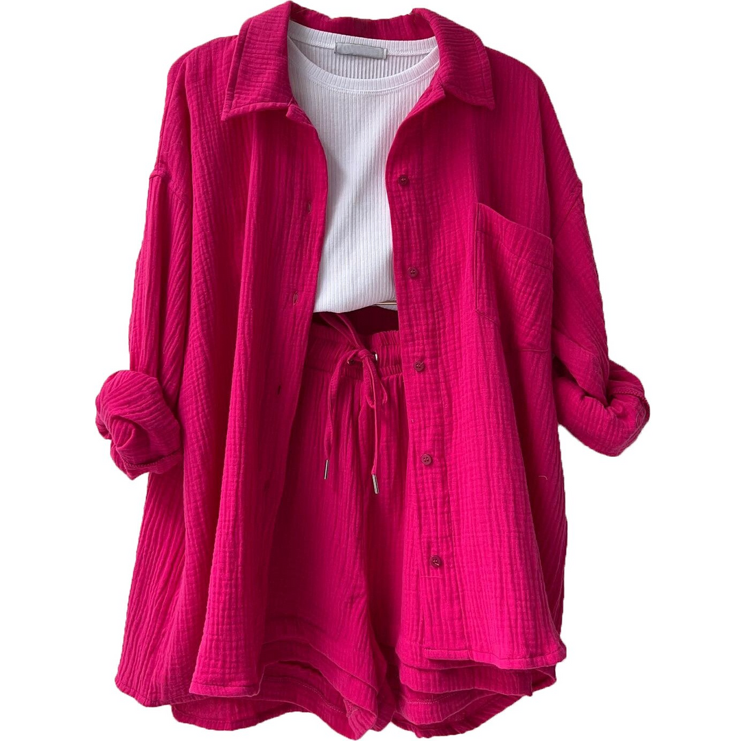 Ensemble lounge deux pièces pour femmes en mousseline – chemise oversize et short avec cordon de serrage