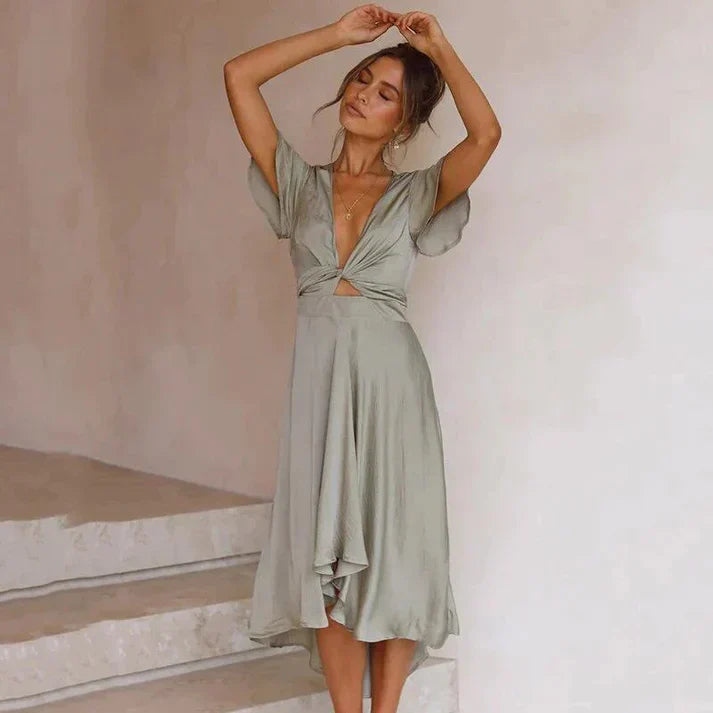 Brittany - elegante vestito con maniche a volant e scollo a V profondo