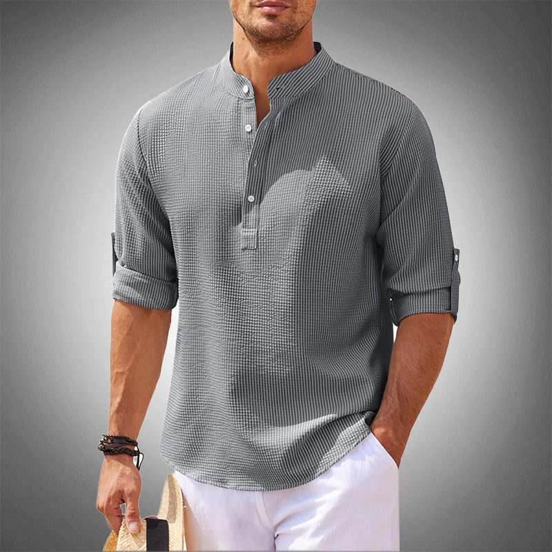 Chemise d'été légère pour homme avec col montant – Chemise texturée à manches longues pour vacances, plage et look décontracté