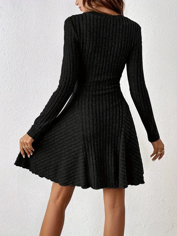 Vestito a maglia a coste con scollo a V – Minivestito a maniche lunghe per autunno, inverno e look casual confortevoli
