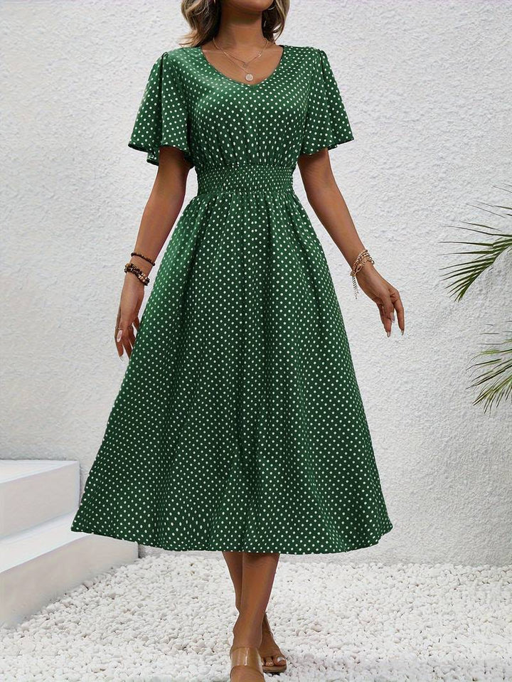 Abito midi da donna con pois e coulisse – Abito estivo arioso con scollo a V e maniche corte