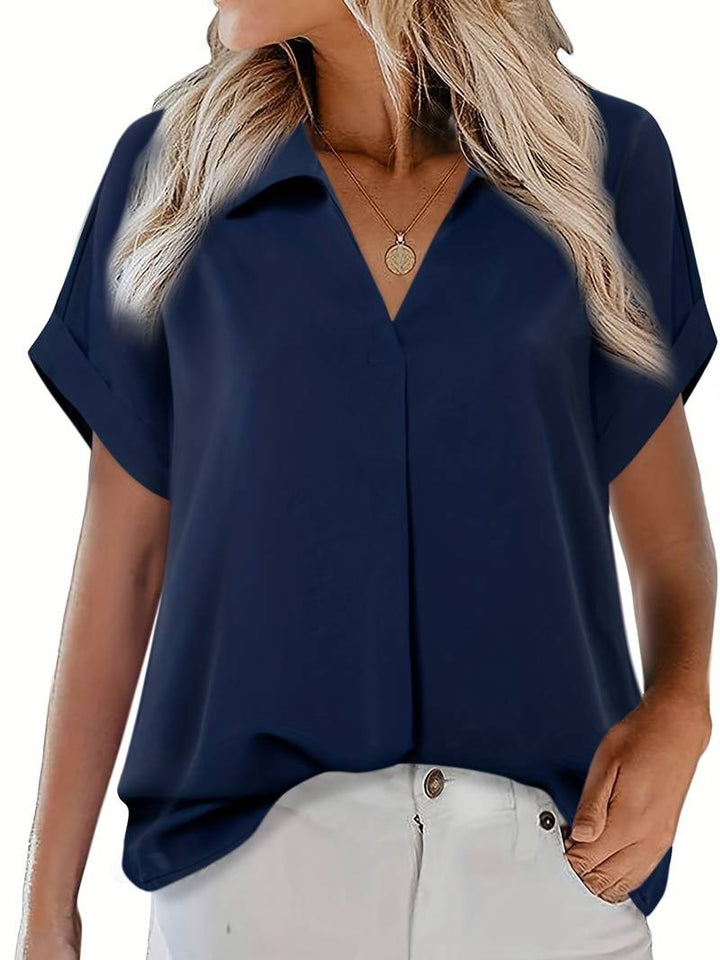 Camicia da donna taglio più ampio con scollo a V e colletto – Maglietta a maniche corte per ufficio e tempo libero