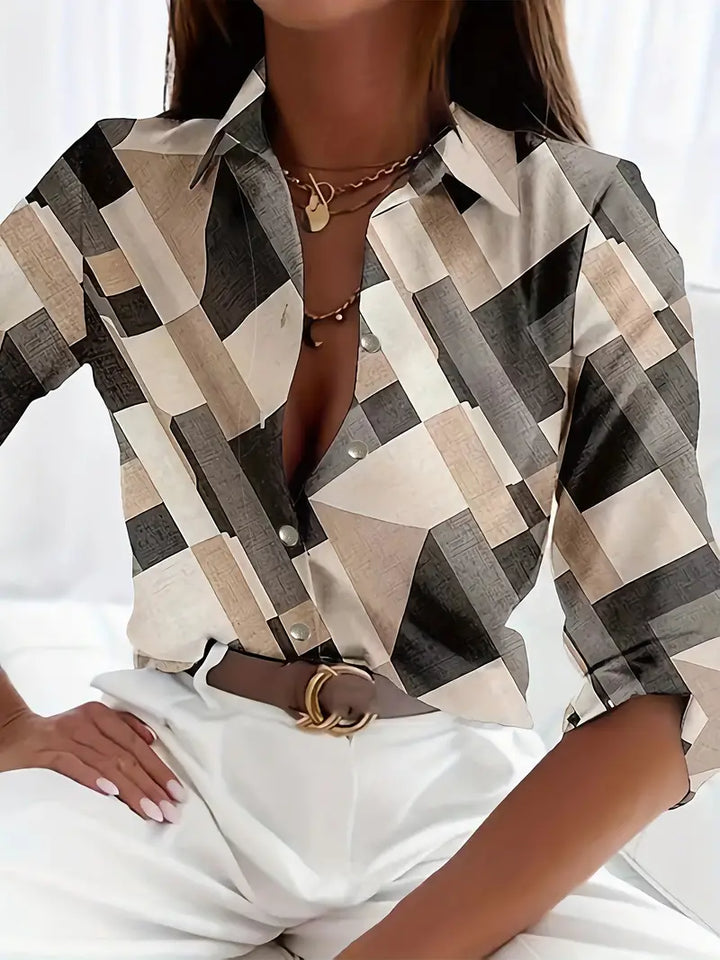 Damen Bluse mit Blattmuster – Elegante Satin-Hemdbluse mit Knöpfen & V-Ausschnitt – Sommer Oberteil für Büro & Freizeit