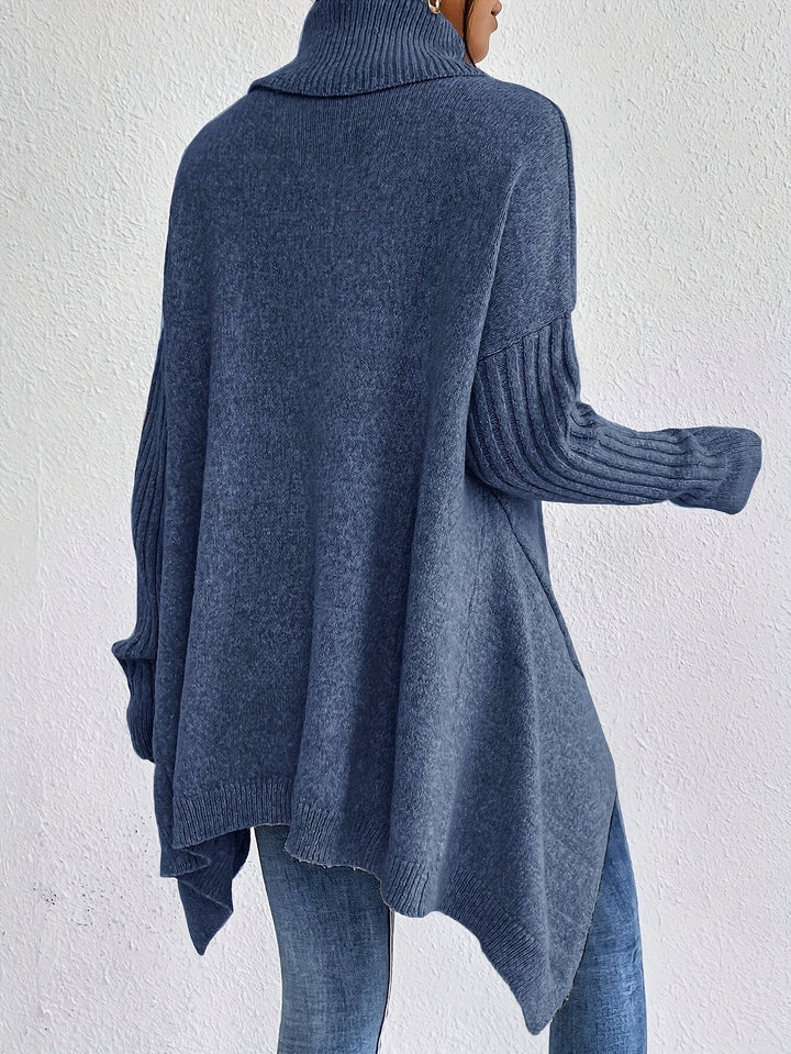 Vintage Baumwoll-Rollkragenpullover mit asymmetrischem Saum und langen Ärmeln Pullover Damen | Perfekt für den Alltag