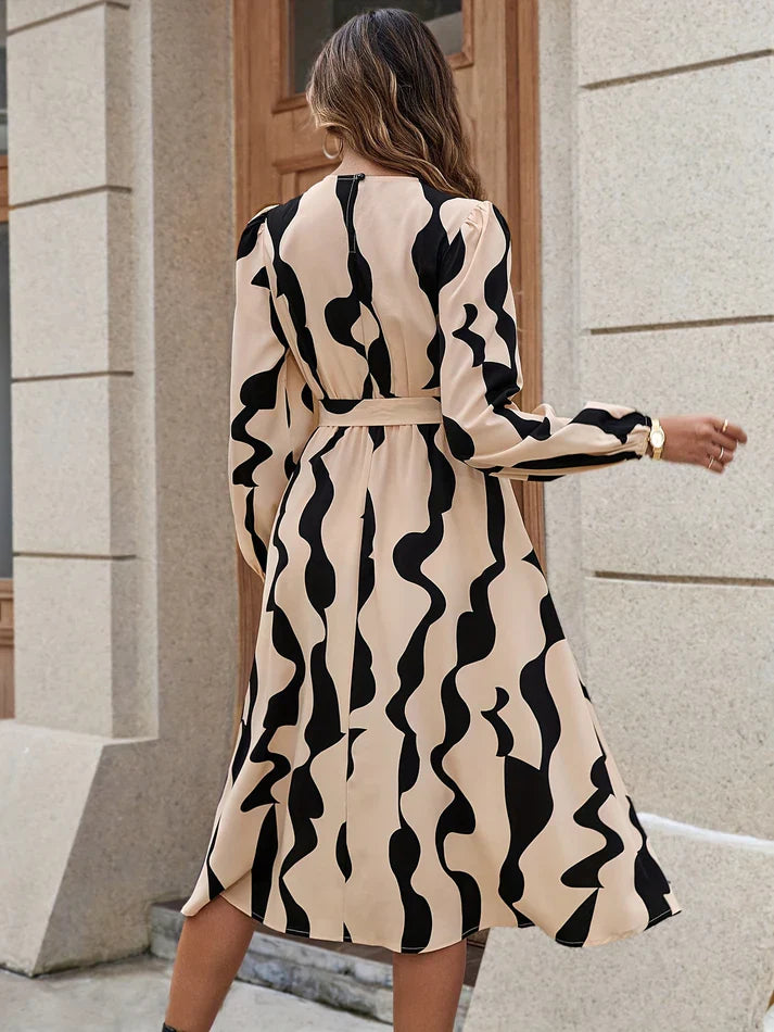 Lässig motif complet col rond manches longues taille nouée robe forme A-line formelle pour femmes | pour occasions formelles