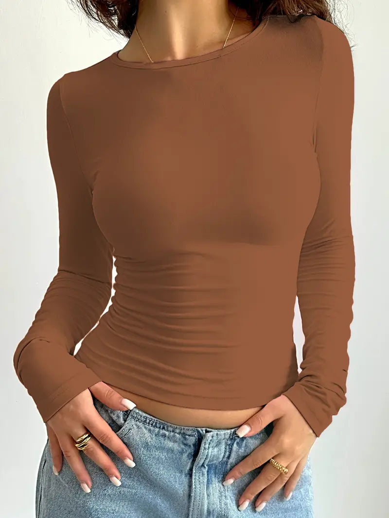 Maglia a maniche lunghe da donna con scollo rotondo – Top basic aderente per tutti i giorni e streetstyle