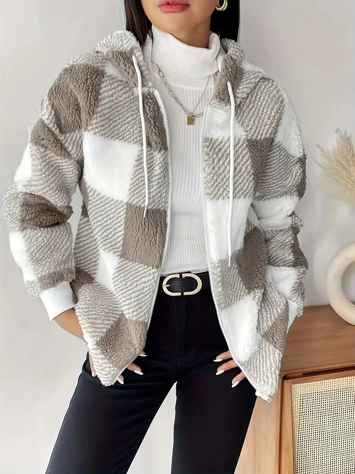 Veste douillette pour femmes avec capuche – à carreaux et duveteuse avec fermeture éclair