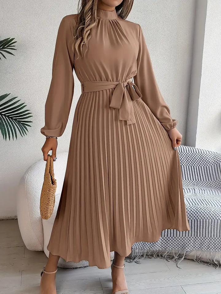 Elegante abito midi plissettato con cintura – abito a maniche lunghe da donna per ufficio e occasioni speciali