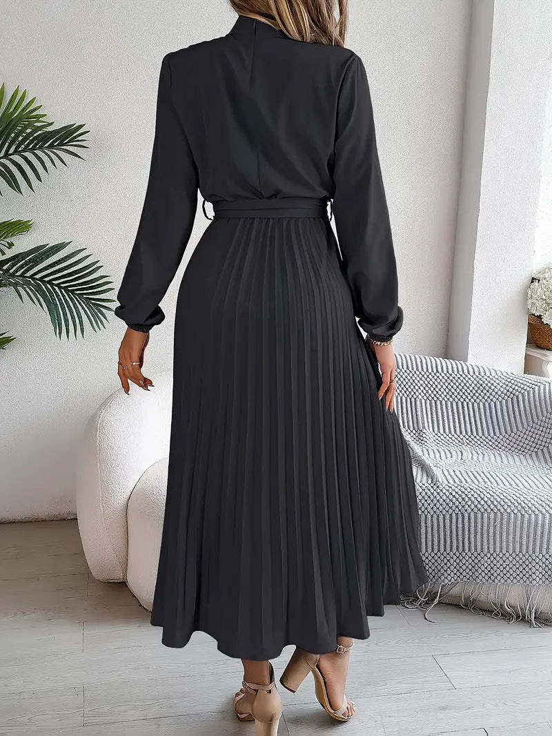 Elegante abito midi plissettato con cintura – abito a maniche lunghe da donna per ufficio e occasioni speciali