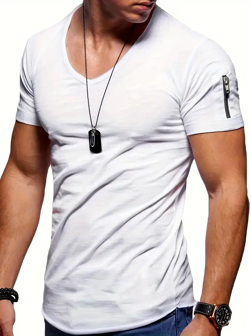 T-shirt homme avec col en V et détail fermeture éclair – T-shirt slim fit à manches courtes pour fitness, loisirs et streetwear