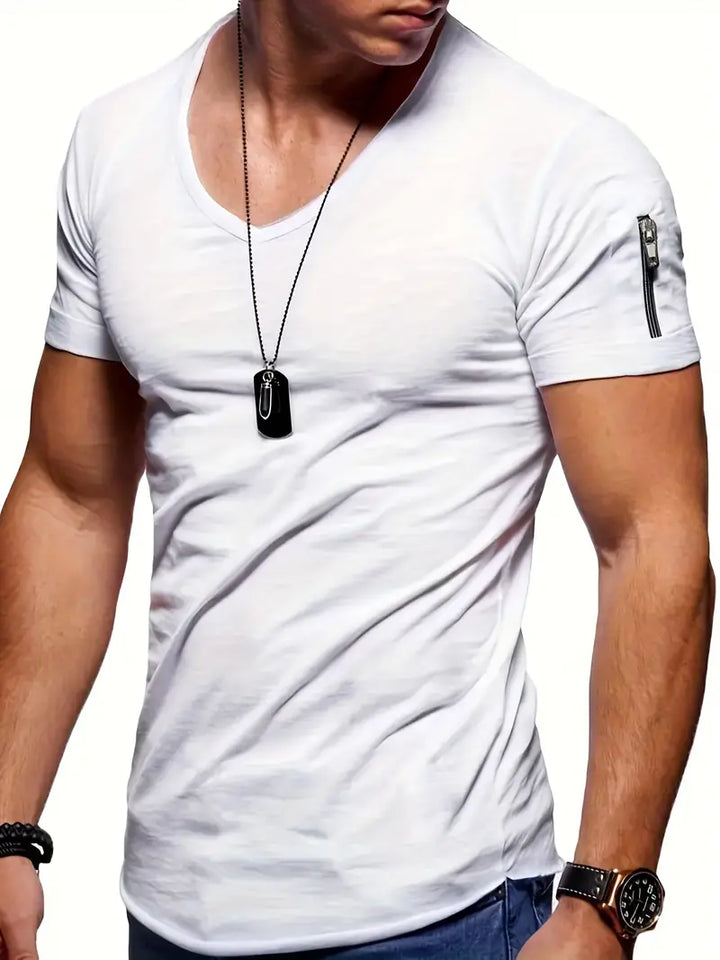 T-shirt homme avec col en V et détail fermeture éclair – T-shirt slim fit à manches courtes pour fitness, loisirs et streetwear