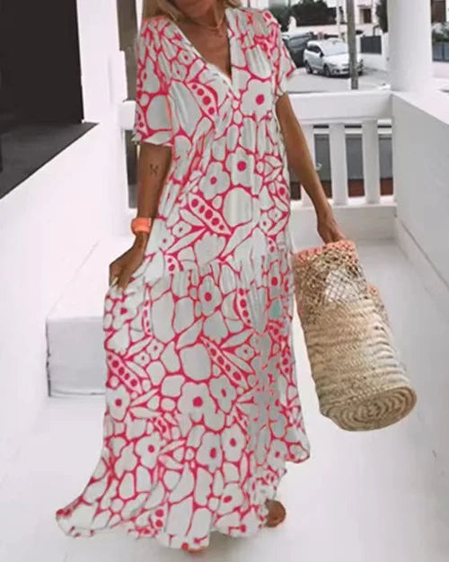 Abito lungo donna con stampa floreale – Abito estivo arioso con scollo a V e maniche corte per vacanze e spiaggia