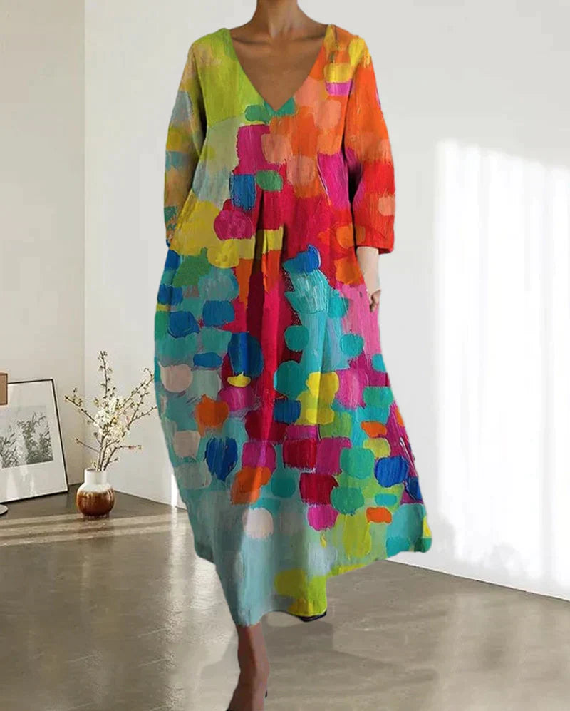 Abito lungo boho da donna – Abito colorato a maniche lunghe con scollo a V e motivo artistico per primavera e estate