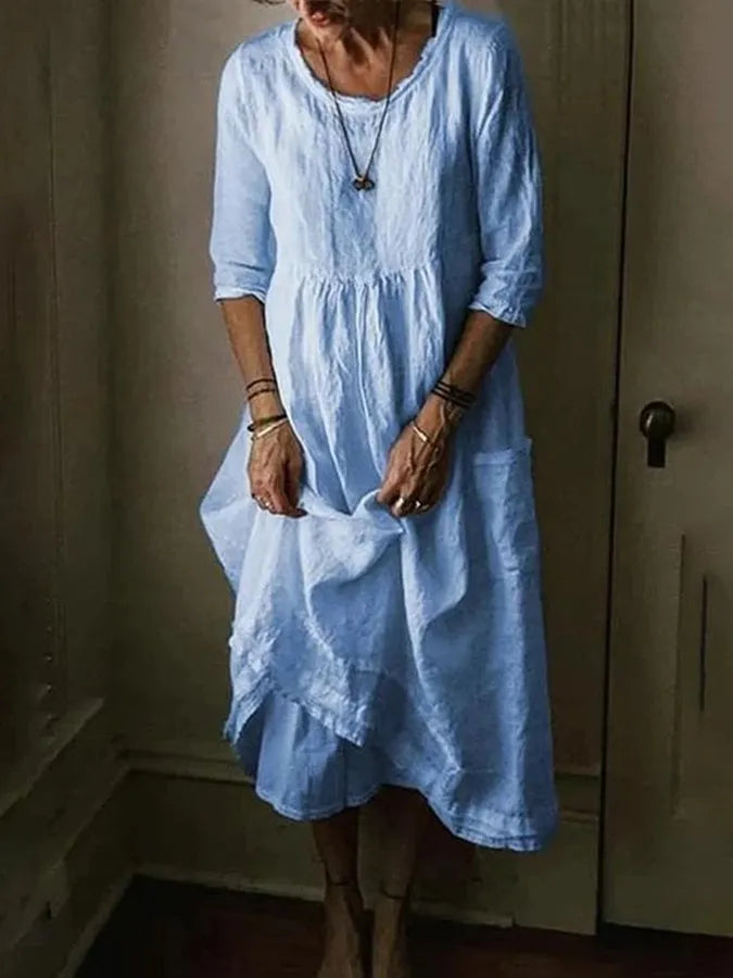 Vestito casual in lino con tasche – vestibilità ampia con maniche 3/4