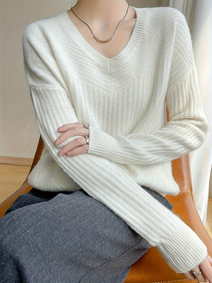Ausschnitt V-Ausschnitt-Wollpullover aus 100% Wolle und einfarbigem Design Pullover Damen | Perfekt für jeden Tag