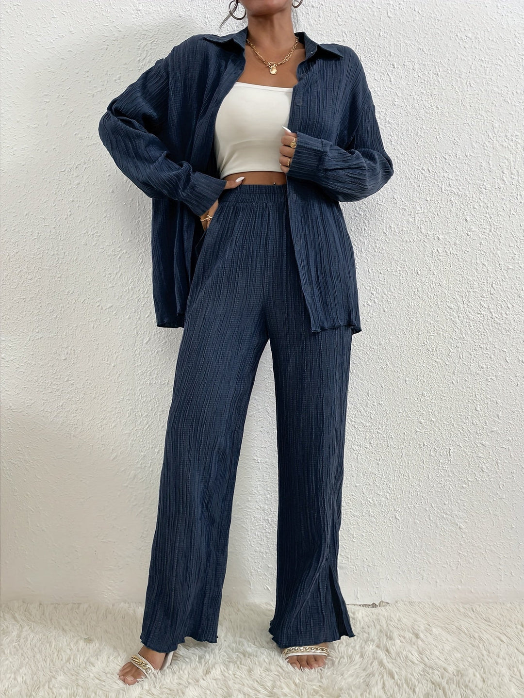 T-shirt à manches longues avec boutons & pantalons à taille élastique ensemble tenue pour femmes | Idéal pour automne/hiver